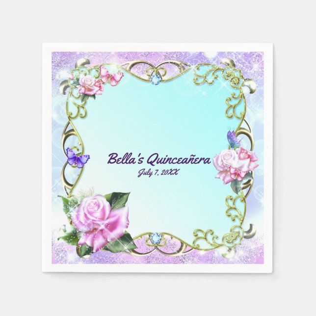 Serviettes Jetables Roses et papillons Quinceañera fête d'anniversaire (Devant)