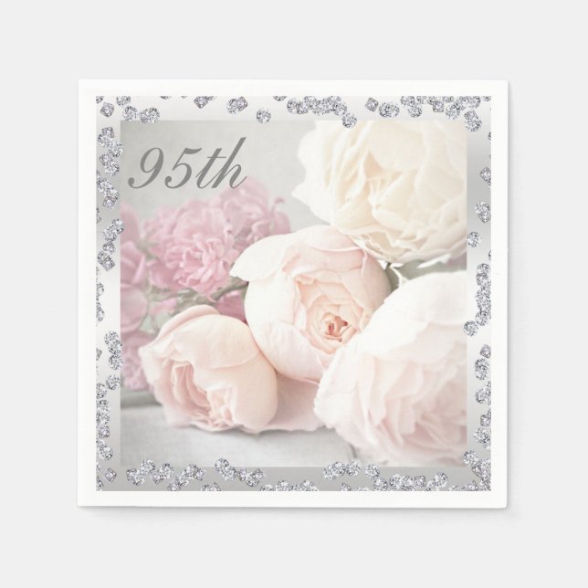 Serviettes Jetables Roses romantiques et diamants 95e anniversaire Ser (Devant)