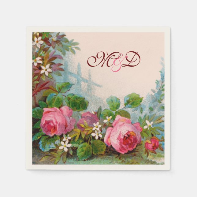 SERVIETTES JETABLES ROSES ROSES ROSES ROSES, JASMINES MONOGRAMME MARIA (Devant)