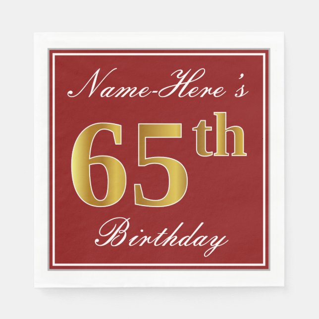 Serviettes Jetables Rouge élégant, Faux Gold 65e anniversaire + Nom pe (Devant)