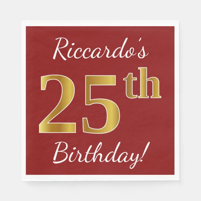 Serviettes Jetables Rouge, Faux Gold 25e anniversaire + Nom personnali (Devant)