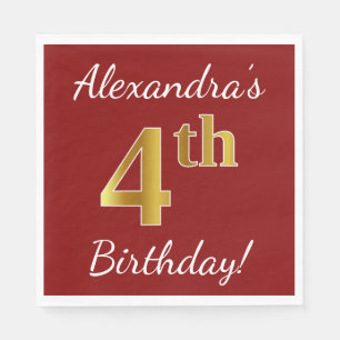 Serviettes Jetables Rouge, Faux Gold 4e anniversaire + Nom personnalis