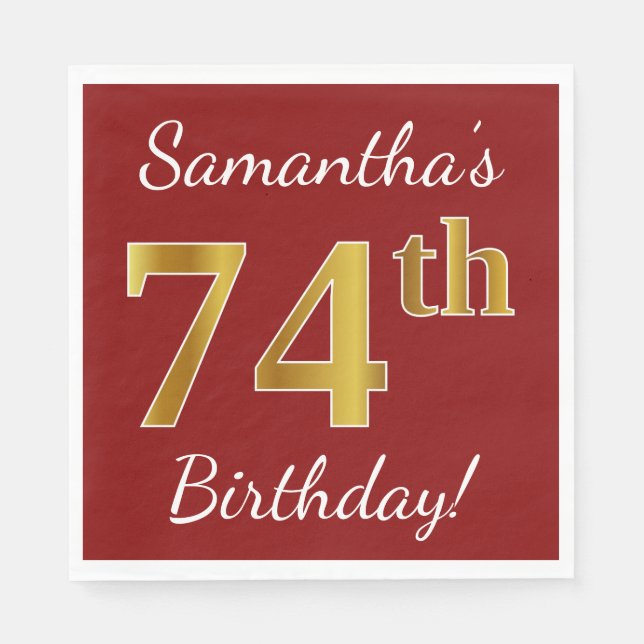 Serviettes Jetables Rouge, Faux Gold 74e anniversaire + Nom personnali (Devant)