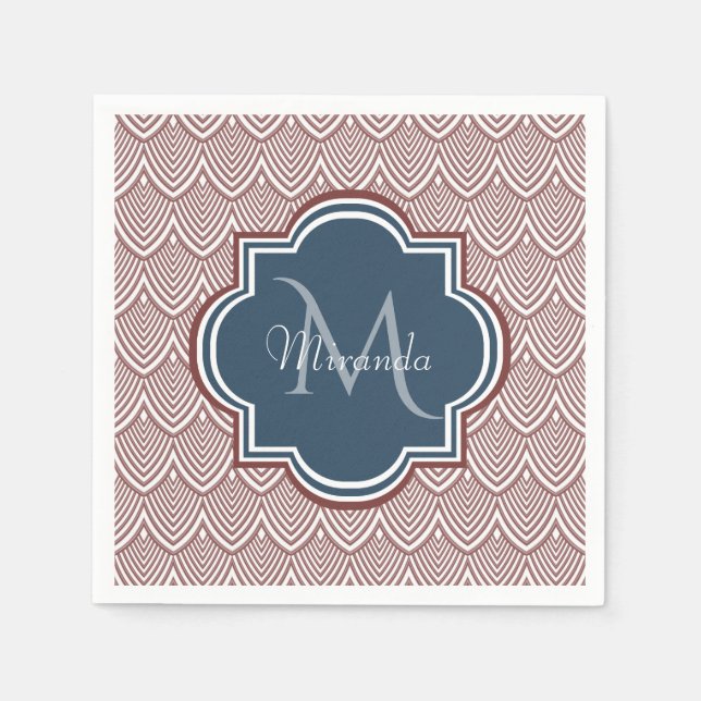 Serviettes Jetables Rouge foncé Déco pétoncles bleu marine Monogramme  (Devant)