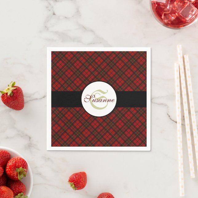 Serviettes Jetables Rouge tartan Noël plaid hiver motif Monogramme (En situation)