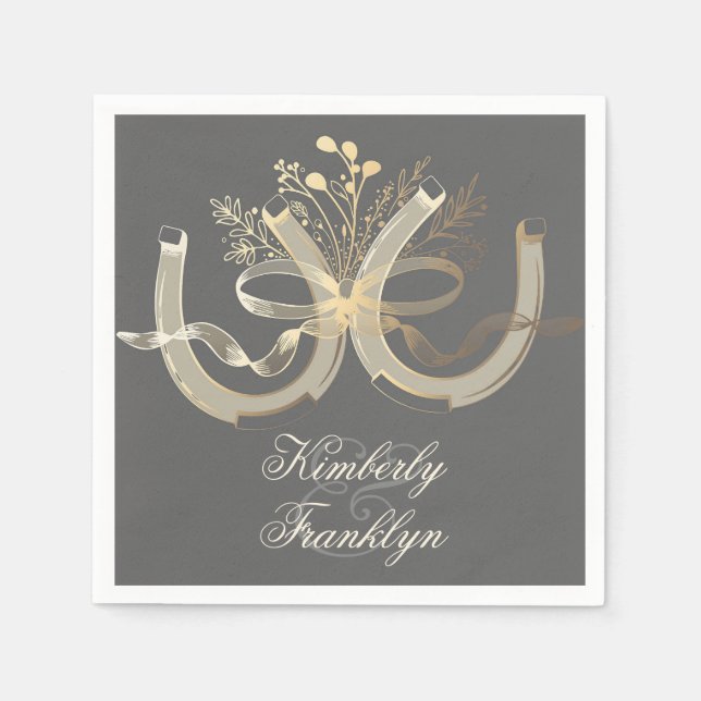 Serviettes Jetables Rustic Country Horseshoe Gold et Grey Mariage (Devant)