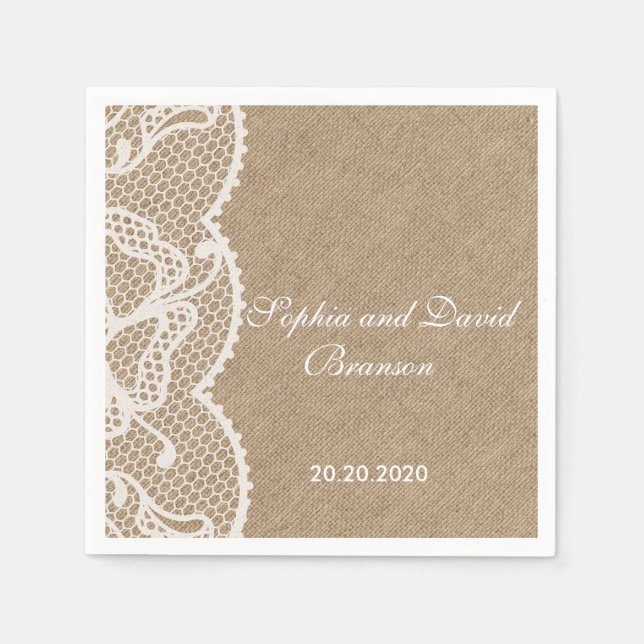 Serviettes Jetables Rustique Burlap et dentelle Mariage Personnalisé (Devant)