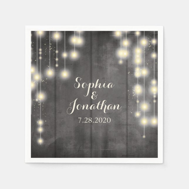 Serviettes Jetables Rustique Mariage Twinkle String éclairs Barne Bois (Devant)