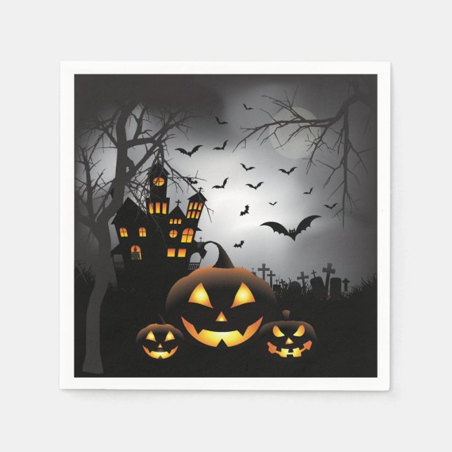 Serviettes Jetables Scène de cimetière d'Halloween Maison hantée citro (Devant)