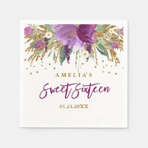 Serviettes Jetables Serviette Floral Pailleté Améthyste Sweet 16