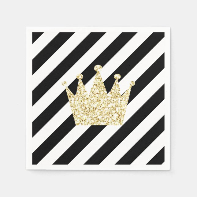 Serviettes Jetables Serviettes de couronne Prince Noir et Or (Devant)