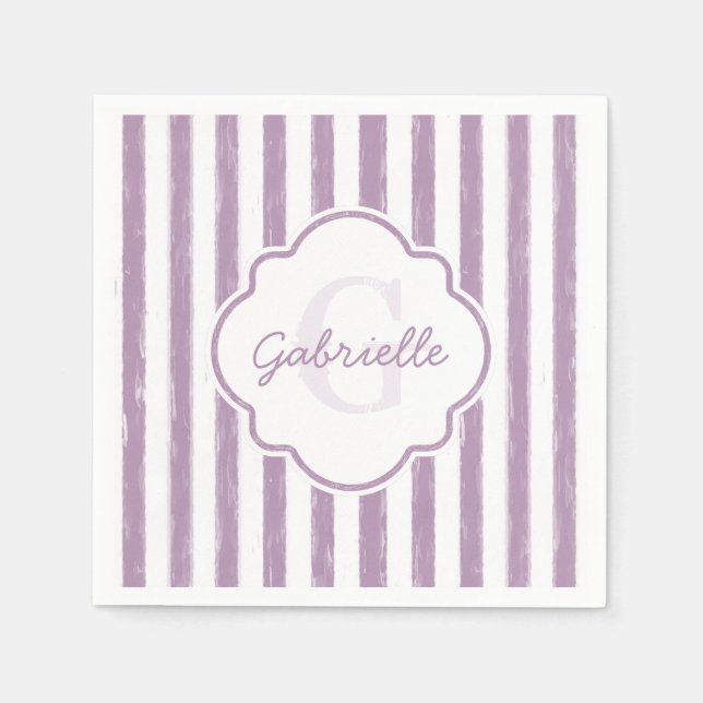 Serviettes Jetables Shabby Purple Peint Stripes Monogramme et nom (Devant)