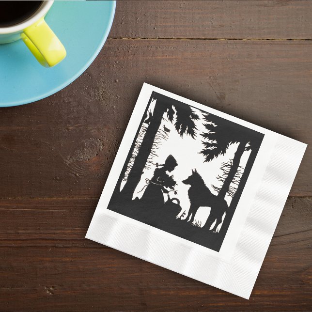 Serviettes Jetables Silhouette Noire Rouge Hood Wolf Woods (Black white silhouett Little Red Riding hood and wolf in woods on napkins.)
