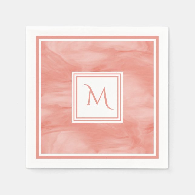 Serviettes Jetables Simple Corail rose subtil Marbre Moderne Monogramm (Devant)