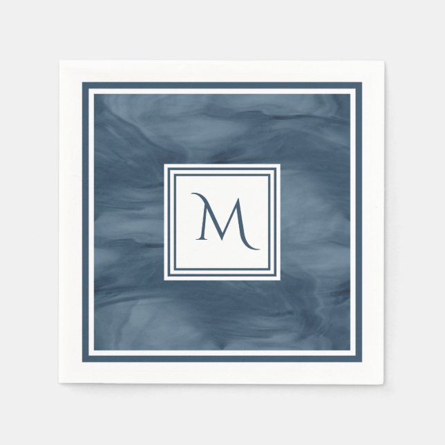 Serviettes Jetables Simple Marine Bleu Marbre subtil Monogramme modern (Devant)