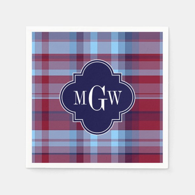 Serviettes Jetables "Sky Blue Navy Burgundy Preppy Madras (Devant)