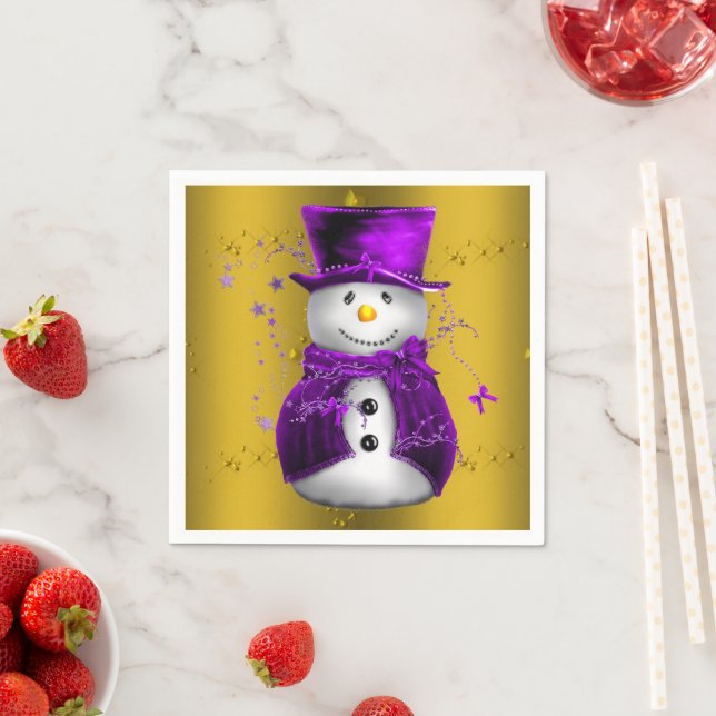 Serviettes Jetables Snowman violet à Noël d'or (En situation)