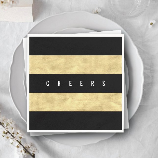 Serviettes Jetables Soirée Chic Gold Foil Black Stripes Fête (Cheers Chic Gold Foil Black Stripes Holiday Party Paper Napkins @ fat_fa_tin)