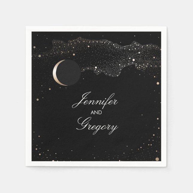 Serviettes Jetables Starry Night Stars Mariage noir et or (Devant)