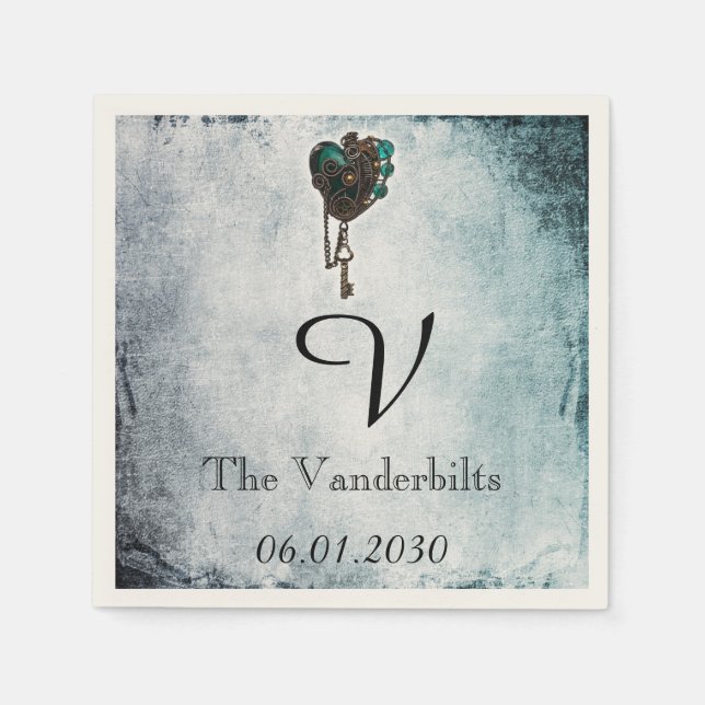 Serviettes Jetables Steampunk Coeur Turquoise Monogramme Mariage Napki (Devant)