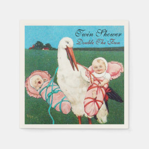 SERVIETTES JETABLES STORK TWIN BABY GIRL DOUCHE