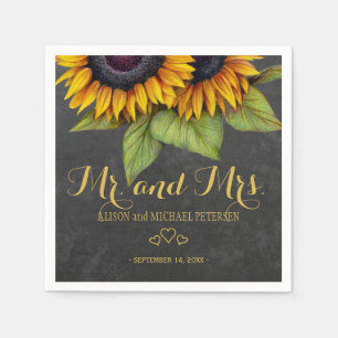Serviettes Jetables Sunflowers chalkboard mr et mrs script mariage
