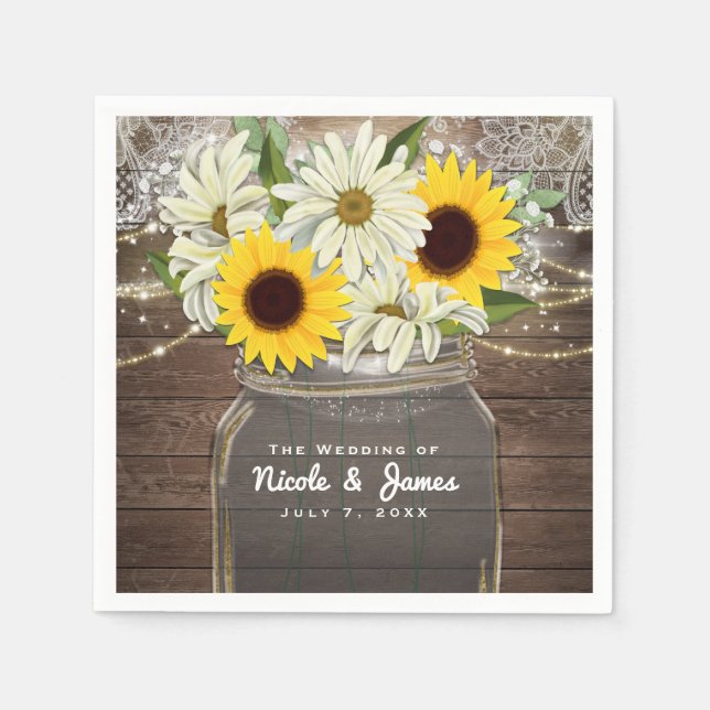 Serviettes Jetables Sunflowers & Daisy Mason Jar Sparkle Rustic Chic (Devant)