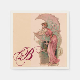 SERVIETTES JETABLES TAROTS/ LADY DE LA LUNE, FLEURS EN MONOGRAMME ROSE