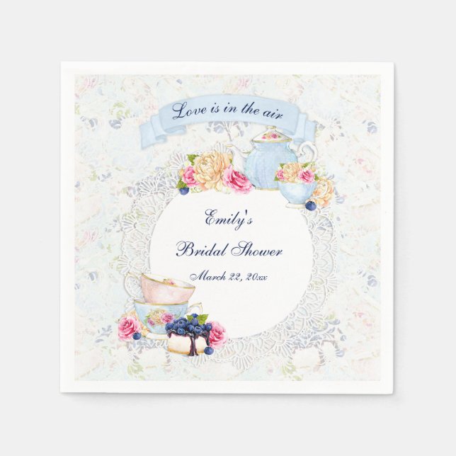 Serviettes Jetables Tea Party Teapot bleu Blanc Rose dentelle (Devant)