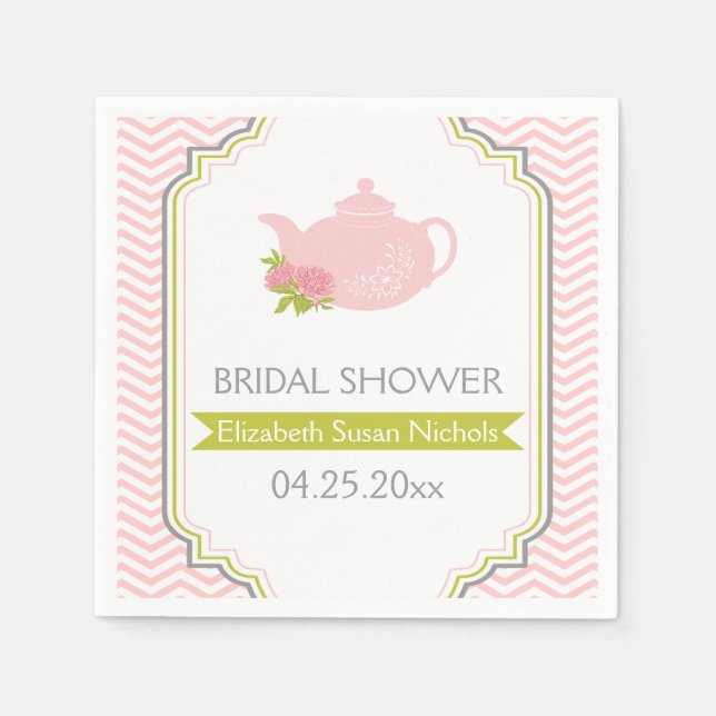 Serviettes Jetables Teapot de fête, chevron rose, mariage vert (Devant)
