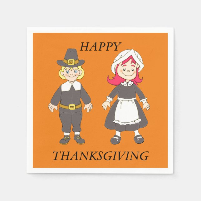 Serviettes Jetables Thanksgiving Pilgrim Garçon Et Fille (Devant)