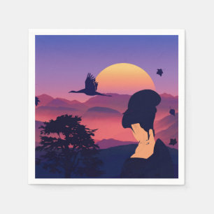 Serviettes Jetables Thème Japonais Geisha Tree Et Soleil Levant