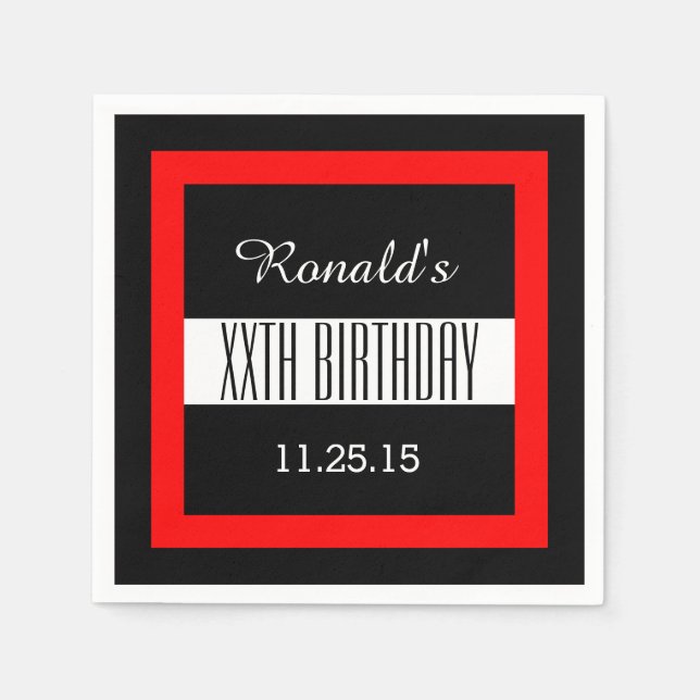 Serviettes Jetables Toute année Anniversaire Noir avec cadre rouge Per (Devant)