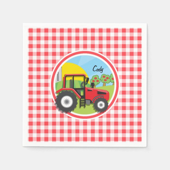Serviettes Jetables Tracteur rouge sur En vichy rouge et blanc (Devant)