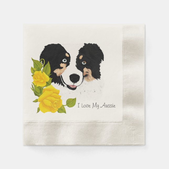 Serviettes Jetables Tri noir Aussie et Roses jaunes (Devant)