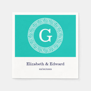Serviettes Jetables Turquoise Blanc Clé grecque Cadre Ronde Monogramme