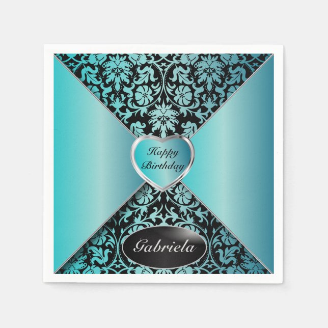 Serviettes Jetables Turquoise et Damas noir (Devant)