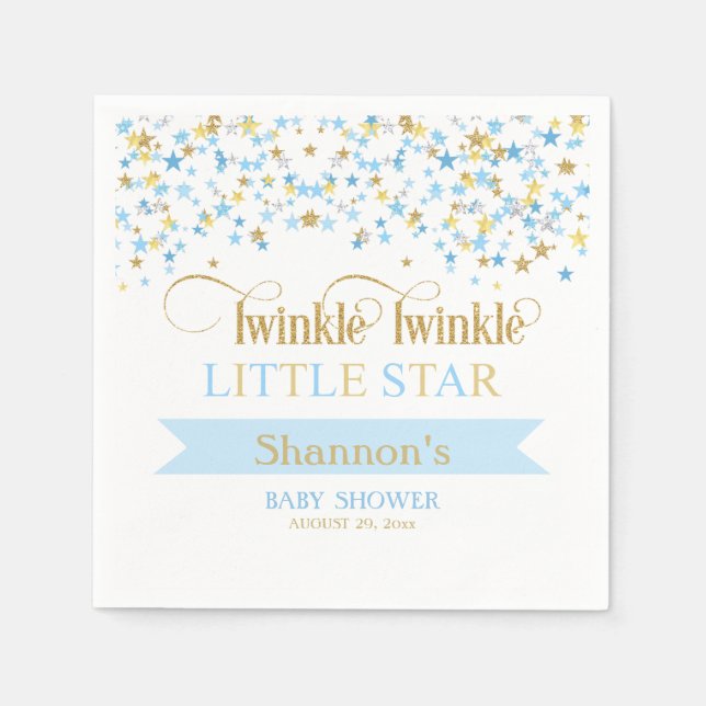Serviettes Jetables Twinkle Little Star Baby shower Bleu & Or (Devant)