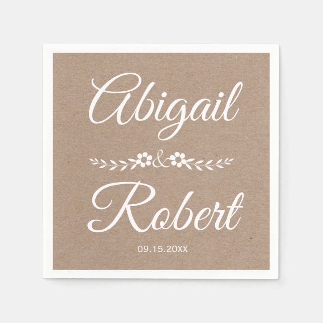 Serviettes Jetables Typographie blanche papier kraft mariage rustique (Devant)