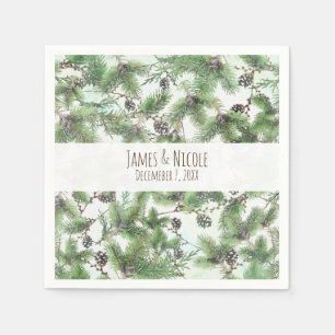 Serviettes Jetables Vacances Green & Pine Cônes Pays Mariage d'hiver