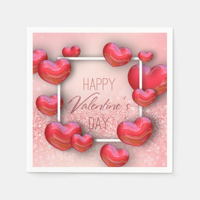 Serviettes Jetables Valentine's Day Red Hearts Parties scintillant Pap (Devant)