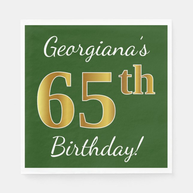 Serviettes Jetables Vert, Faux Gold 65e anniversaire + Nom personnalis (Devant)