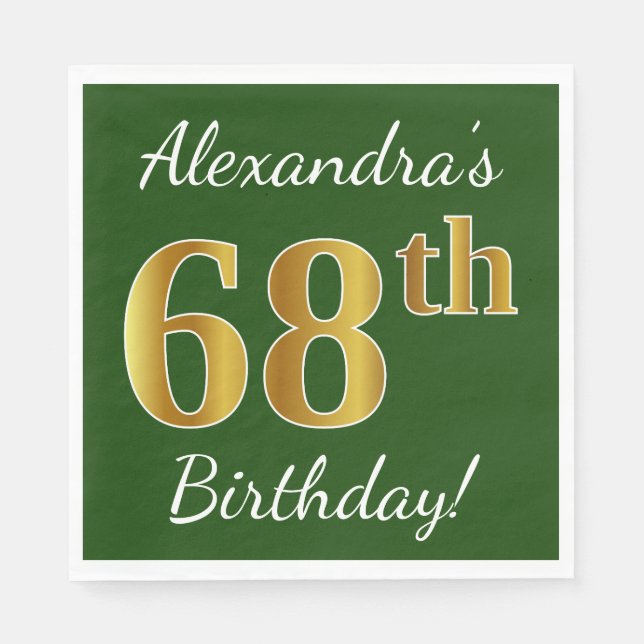Serviettes Jetables Vert, Faux Gold 68e anniversaire + Nom personnalis (Devant)
