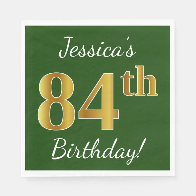 Serviettes Jetables Vert, Faux Gold 84e anniversaire + Nom personnalis (Devant)