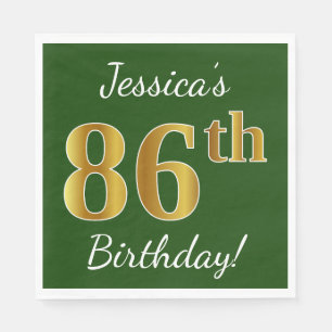 Serviettes Jetables Vert, Faux Gold 86e anniversaire + Nom personnalis