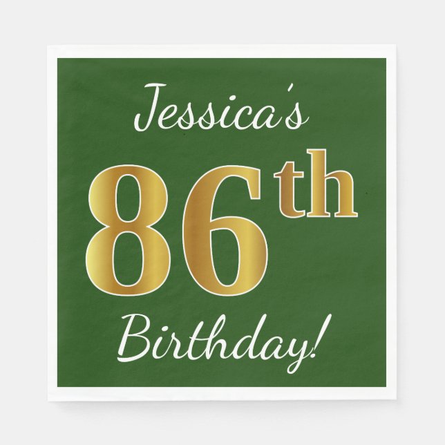 Serviettes Jetables Vert, Faux Gold 86e anniversaire + Nom personnalis (Devant)