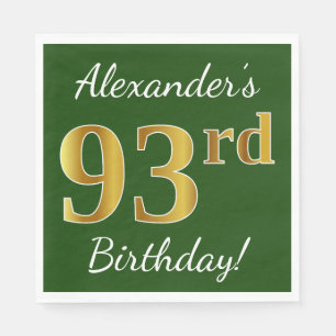 Serviettes Jetables Vert, Faux Gold 93ème anniversaire + Nom personnal