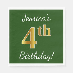 Serviettes Jetables Vert, Faux Or 4ème anniversaire + Nom personnalisé
