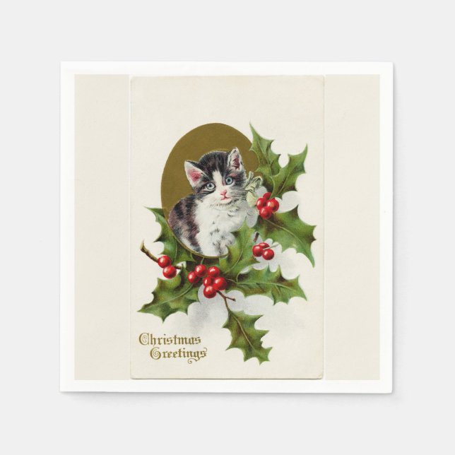 Serviettes Jetables Vintage Christmas Kitten Blanc (Devant)