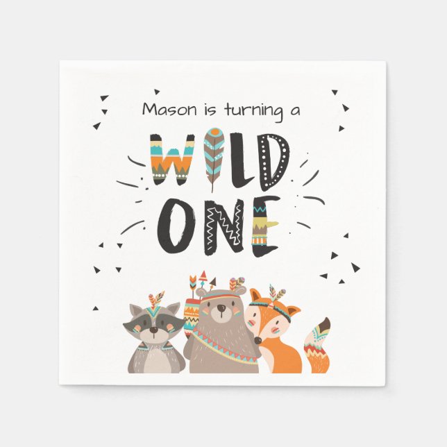 Serviettes Jetables Wild one Papier Napkin Tribal Bois Animaux Garçon (Devant)
